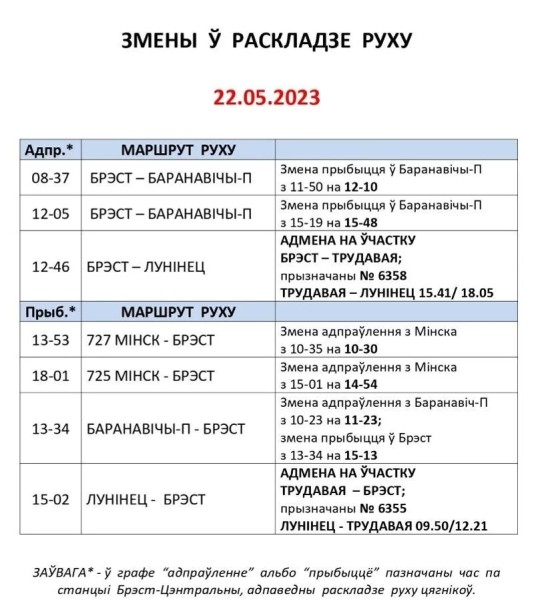 Вокзал станции Брест-Центральный сообщает об изменениях в расписании поездов на следующей неделе