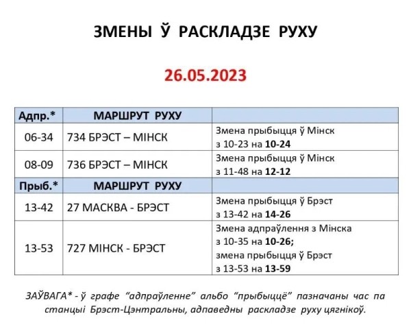 Вокзал станции Брест-Центральный сообщает об изменениях в расписании поездов на следующей неделе